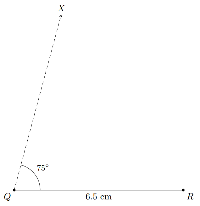 SAS Example Step 2 An angle of 75 degrees is constructed at point Q on the line segment QR.